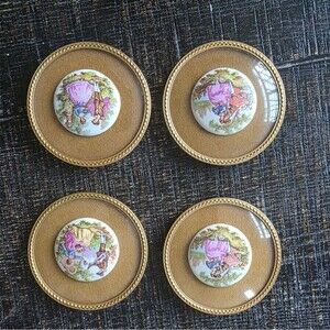 Vtg Victorian Courting Couple Fragonard Porcelain Picture Framed Set Of 4 Round
